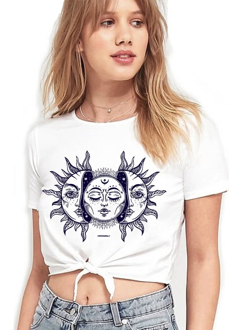 Moon Sun White Cut Crop Top Tied Women's T-Shirt